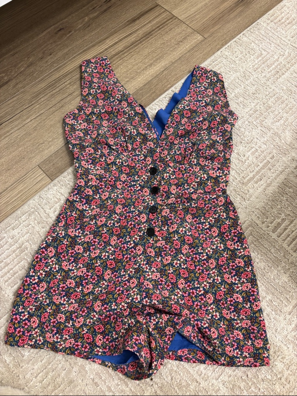 Floral Button-Front Romper in Pink & Navy